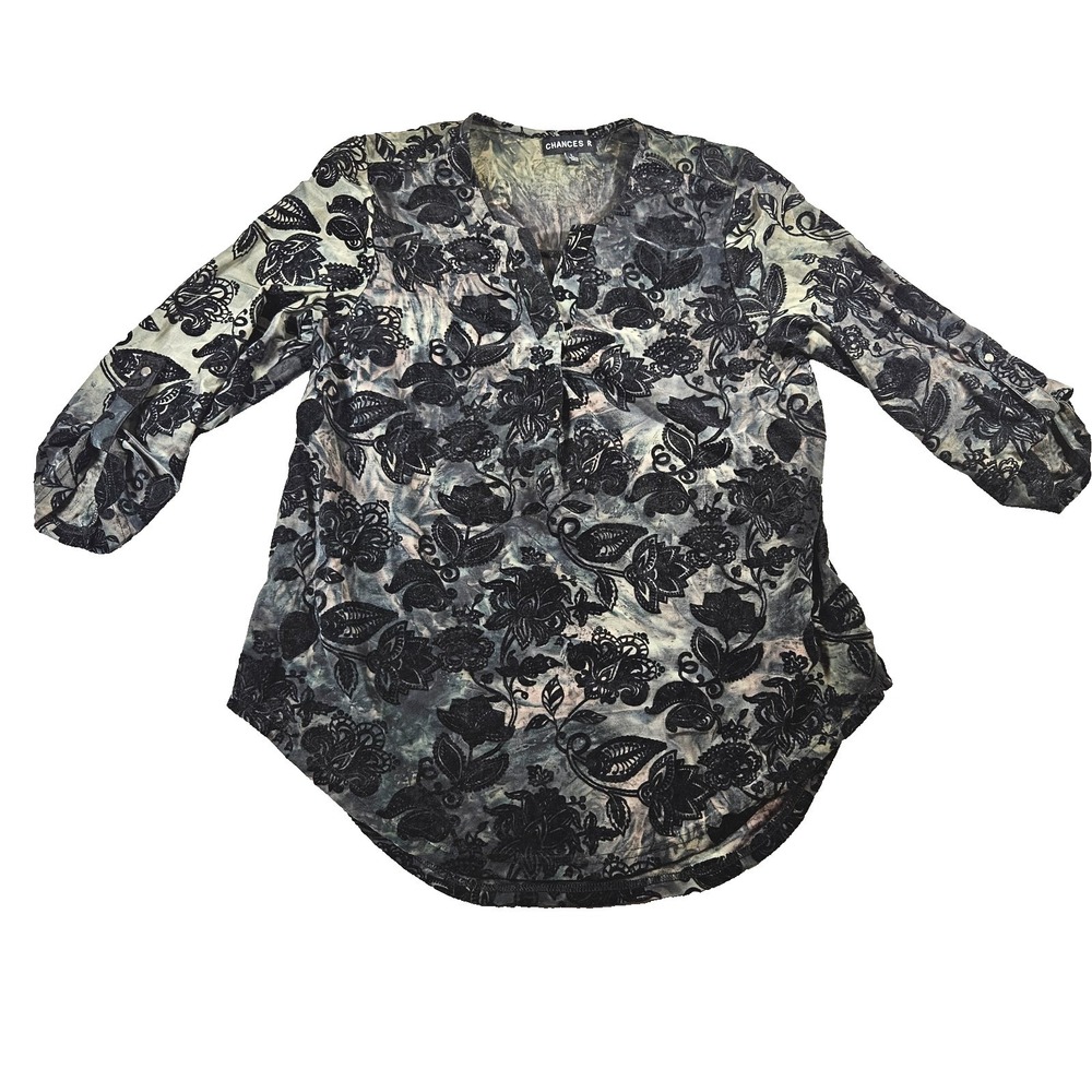 Chances R Womens Whimsygoth Floral Velvet Burnout Roll Tab Sleeve Tunic Top Sz L